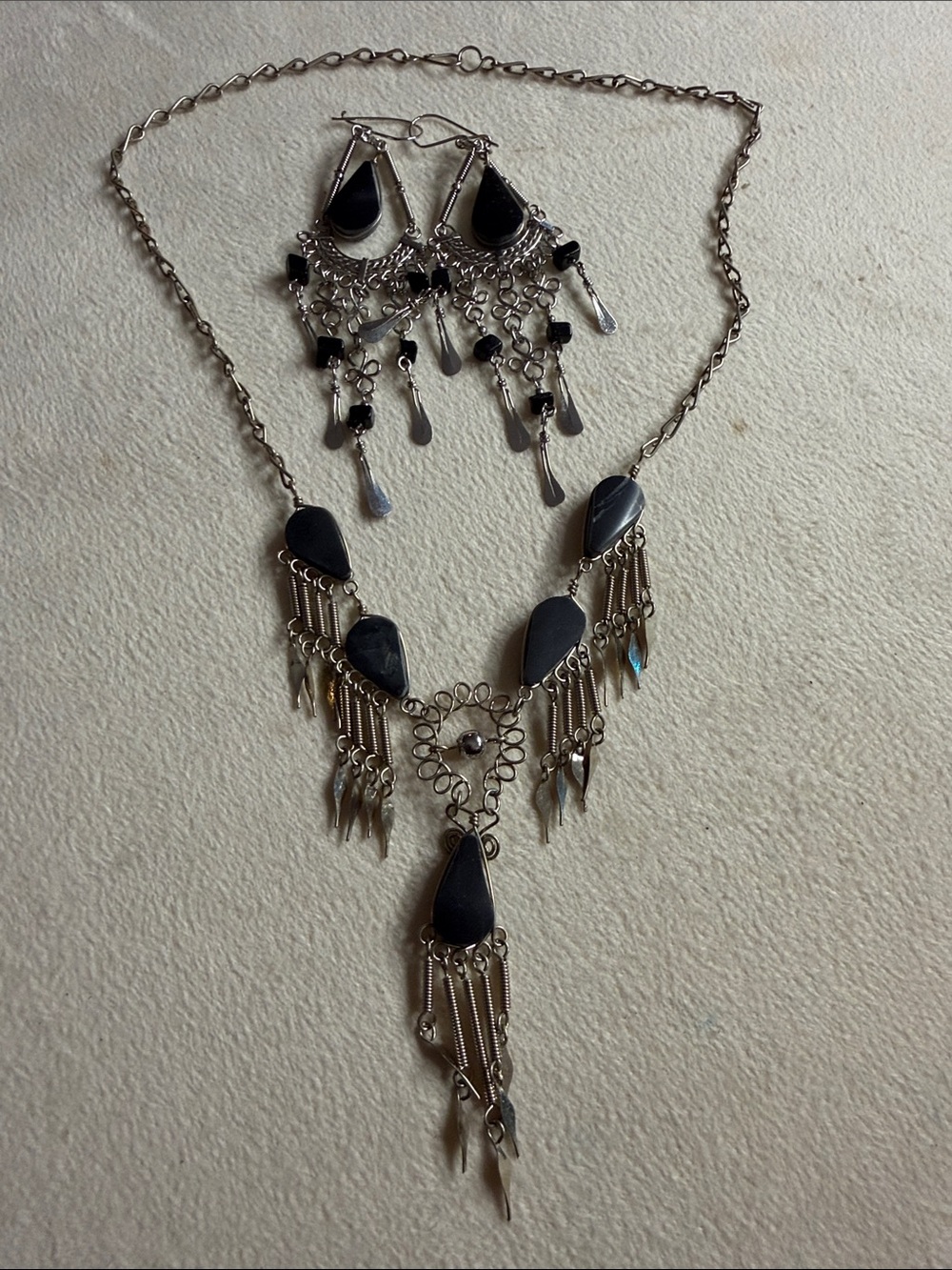 Bohemian Black Teardrop Fringe Necklace & Earring Set